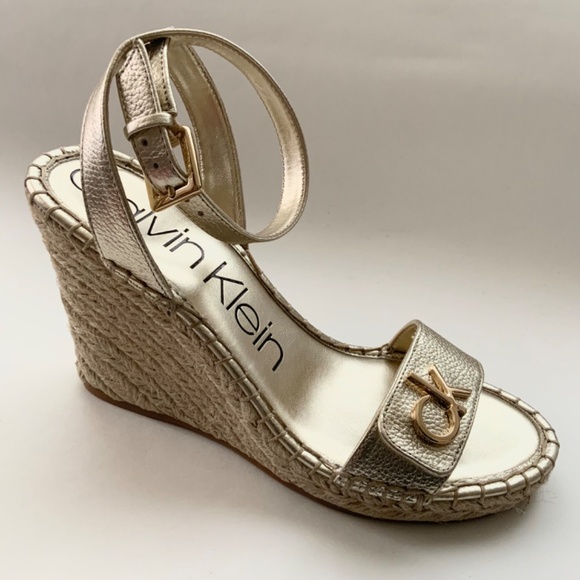 Calvin Klein Karla Gold Leather Espadrille Platform Wedge Slingback Sandals 9.5 - Picture 5 of 13